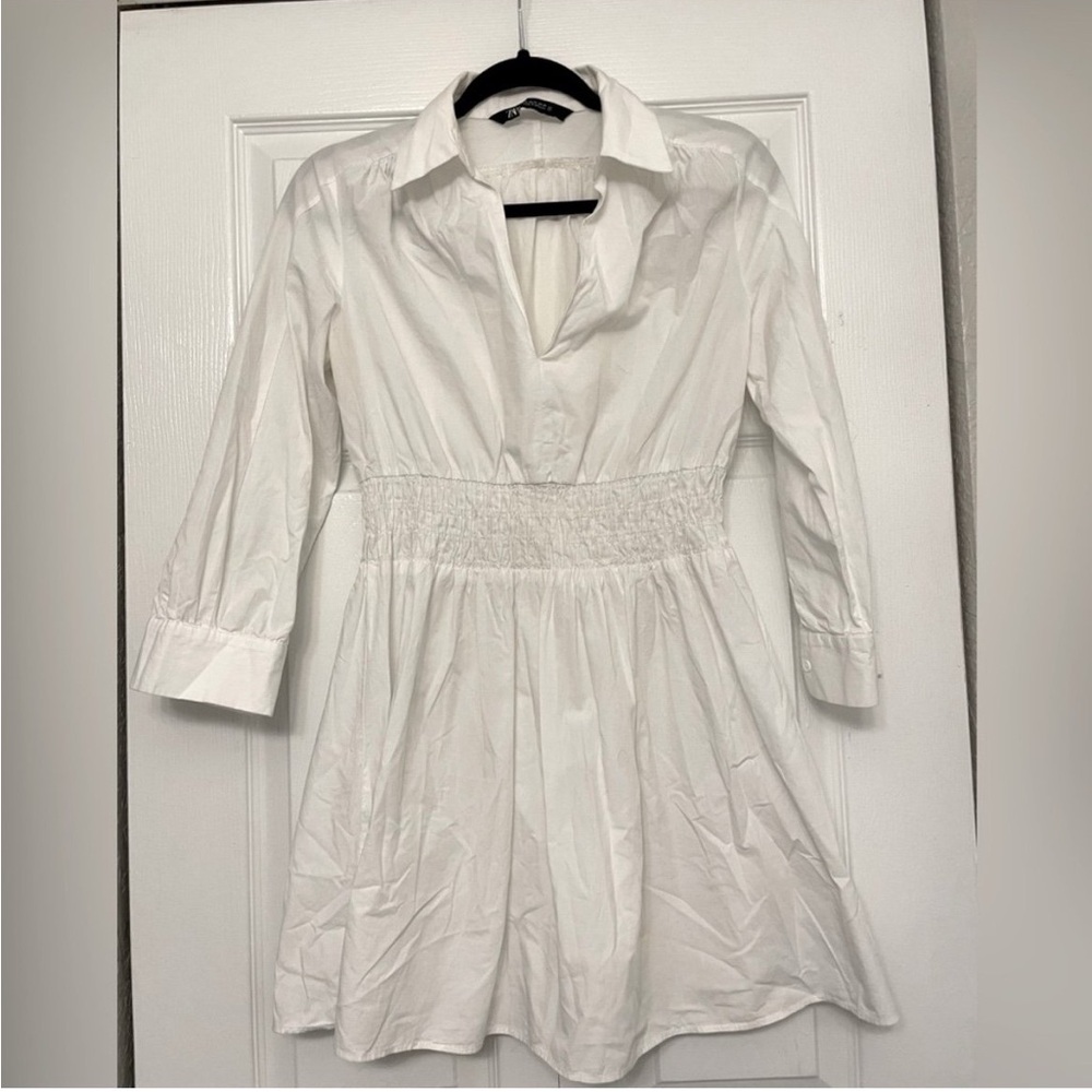 Zara White Collared Mini Dress with Smocked Waist